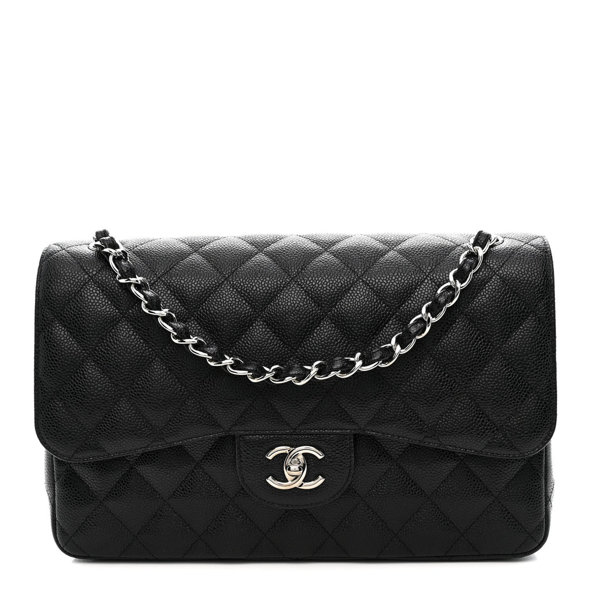 Quilted Caviar Flap Shoulder Bag - Black