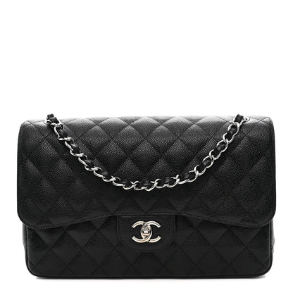 Quilted Caviar Flap Shoulder Bag - Black