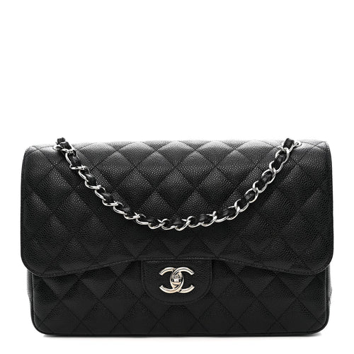 Quilted Caviar Flap Shoulder Bag - Black