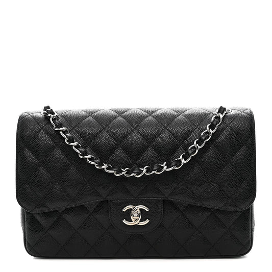 Quilted Caviar Flap Shoulder Bag - Black