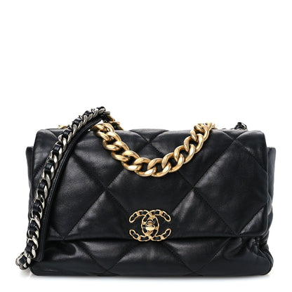 Large Quilted Goatskin Flap Shoulder Bag - Black