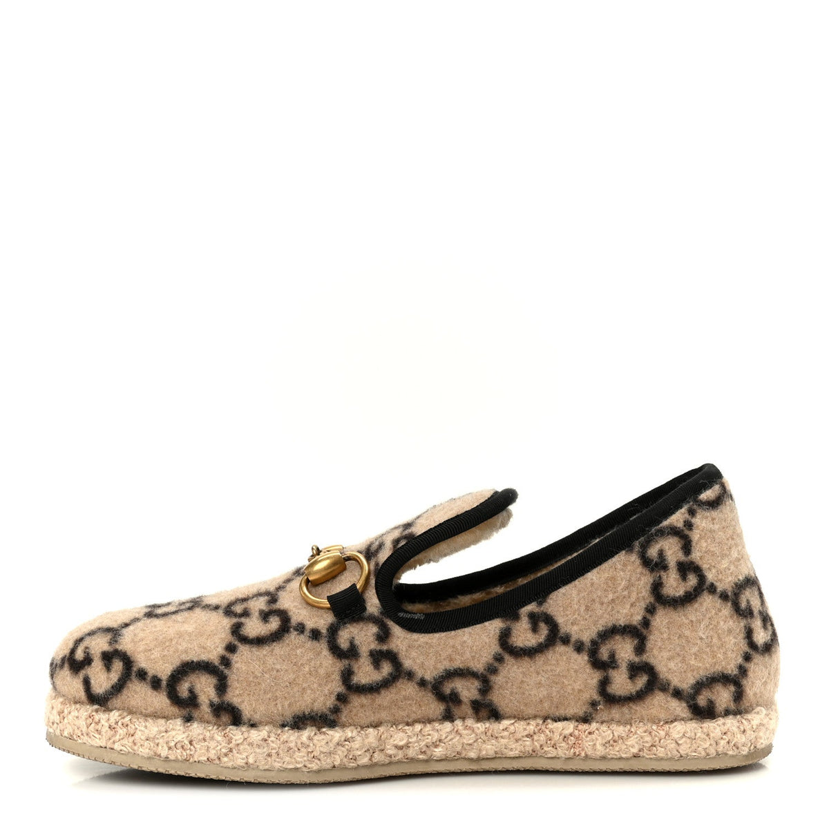 Gucci Wool Women's Fria Horsebit Loafers 35.5 Beige Ebony