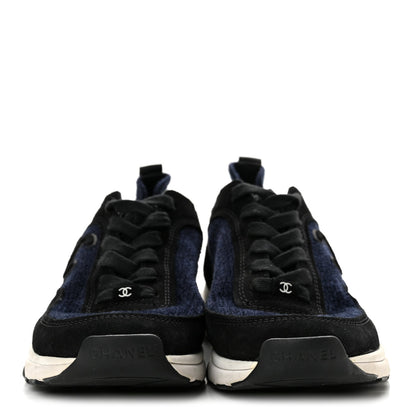 Chanel Knit Fabric Suede Calfskin CC Women's Sneakers Navy Black