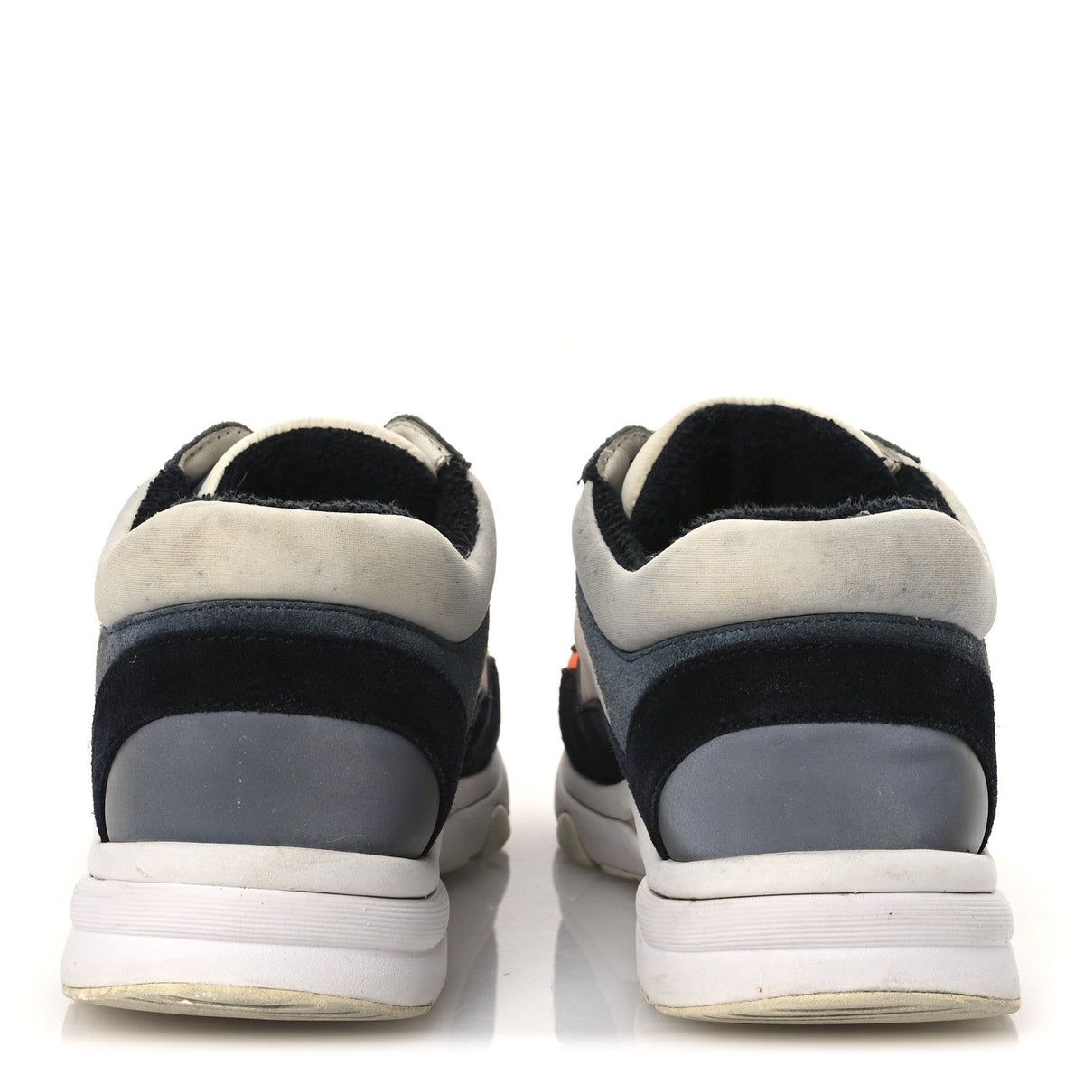 Chanel Nylon Calfskin Suede Women's CC Sneakers 35.5 Navy White Orange Black