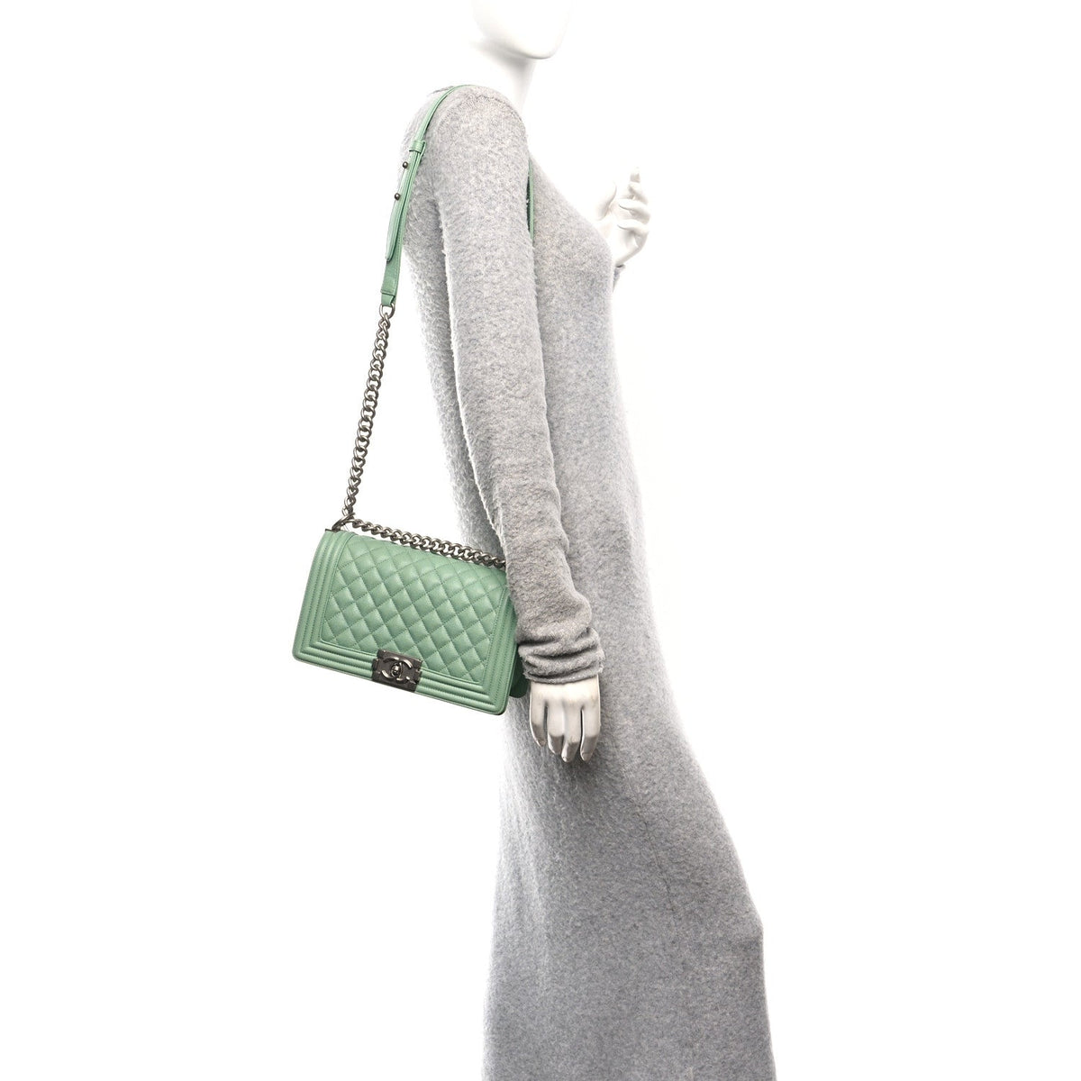 Medium Quilted Caviar Flap Shoulder Bag - Light Green
