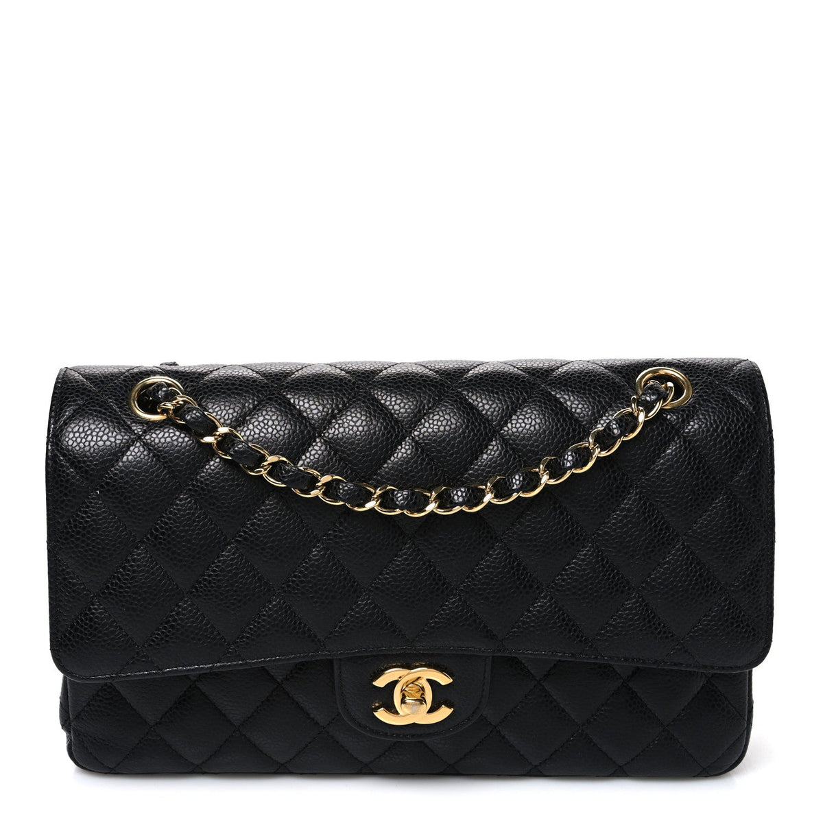 Medium Quilted Caviar Flap Shoulder Bag - Black