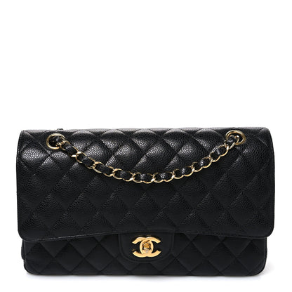 Medium Quilted Caviar Flap Shoulder Bag - Black