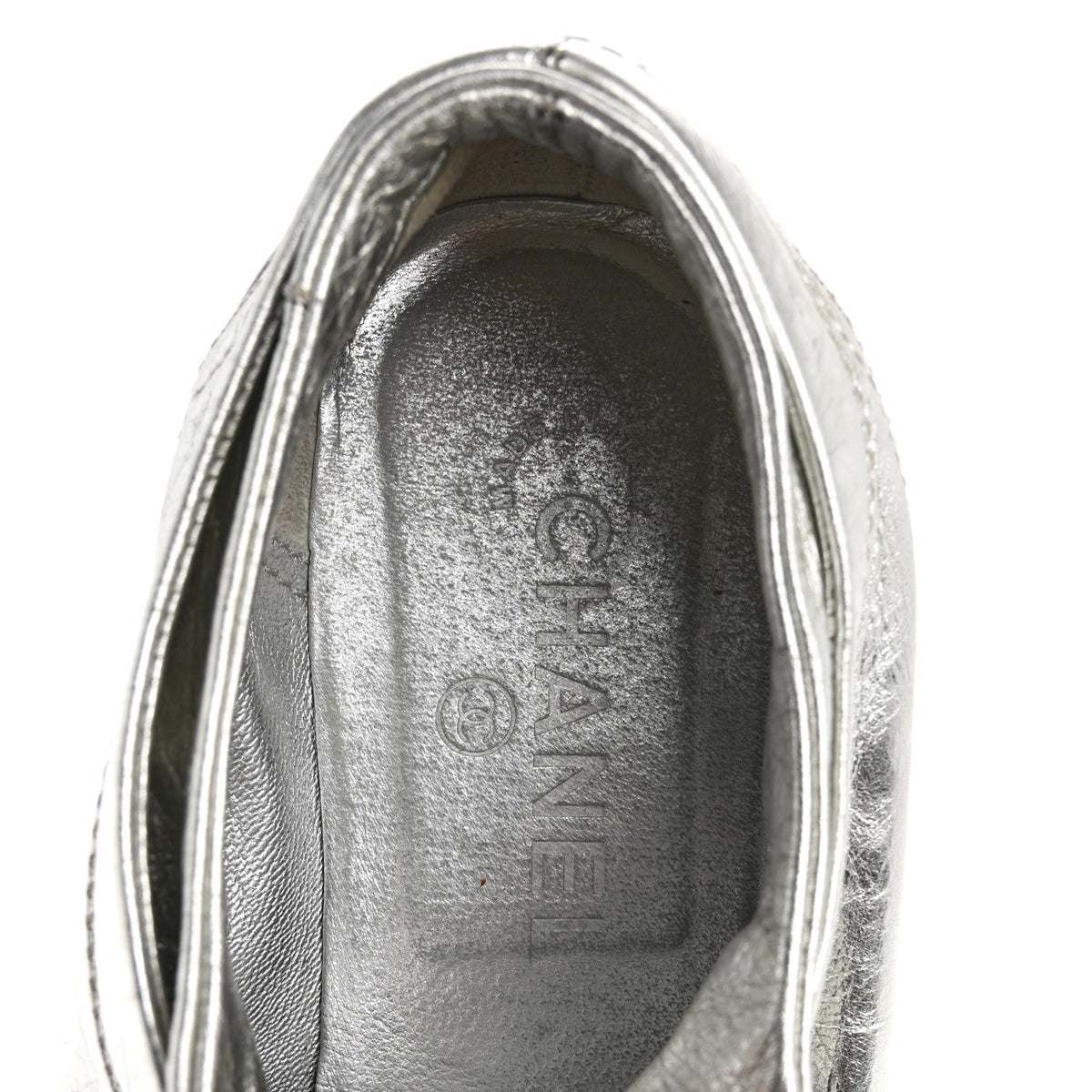 Chanel Metallic Lambskin Patent Women's Cap Toe CC Sneakers 38.5 Silver Black