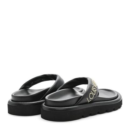 Louis Vuitton Calfskin Women's Logo Studded Pillow Flat Sandals 35 Black