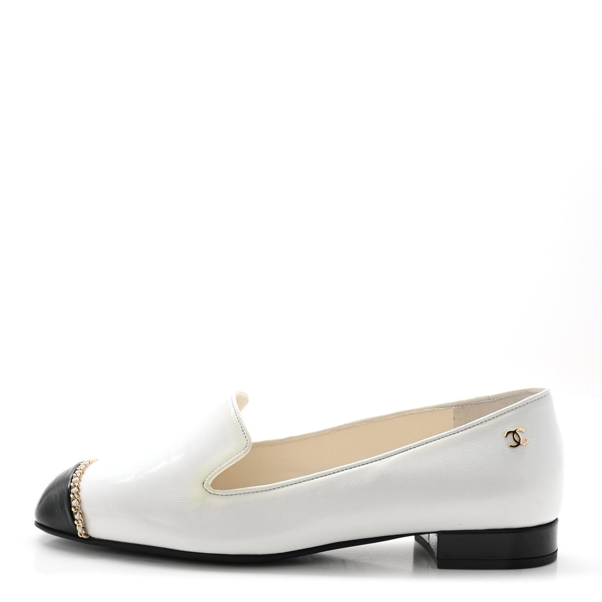 Patent Cap Toe Chain Moccasin Loafers White Black