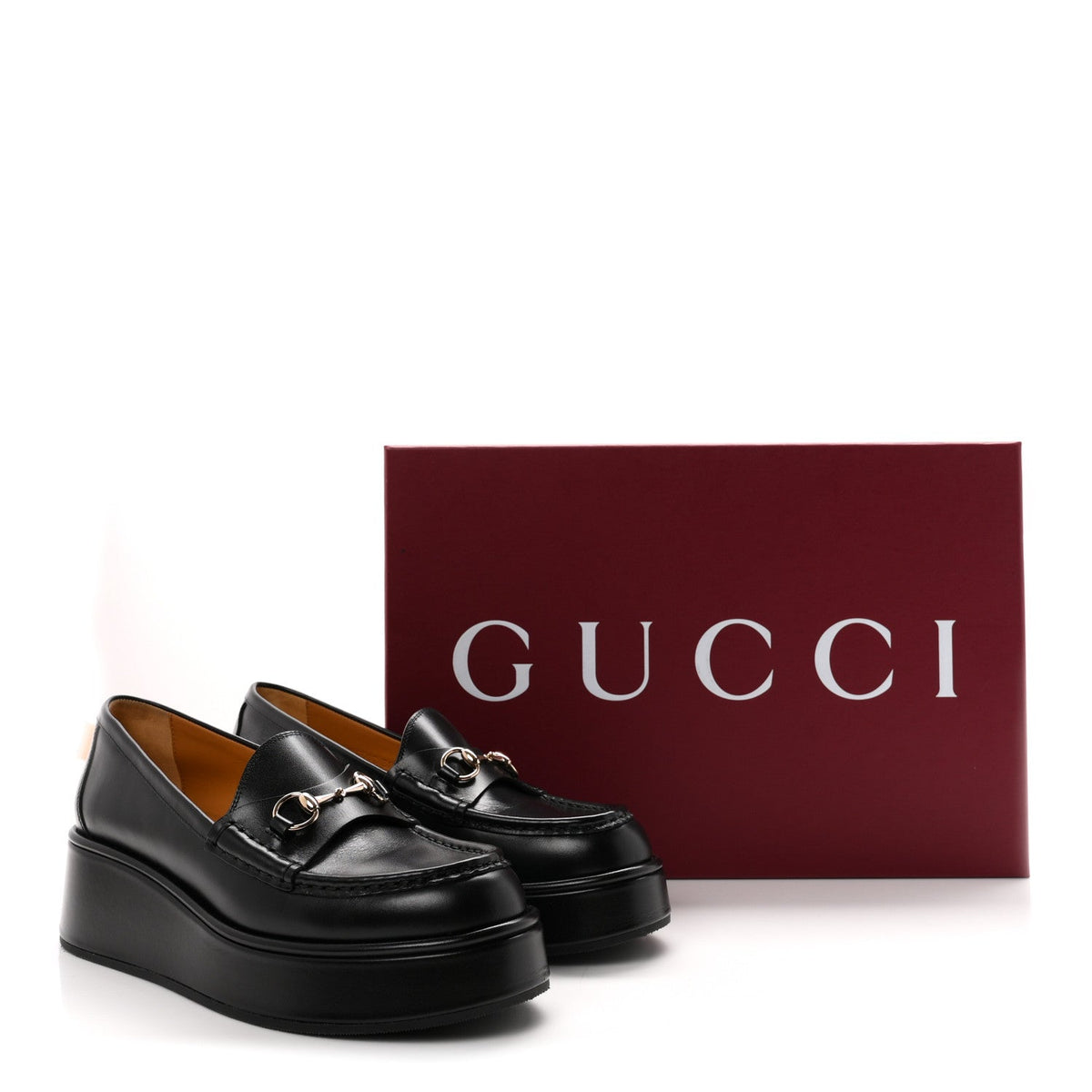 Gucci Calfskin Women's Kama Horsebit Wedge Platform Loafers 38.5 Black