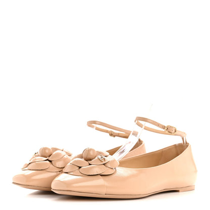 Chanel Shiny Calfskin Camellia Women's Ballerina Flats Beige