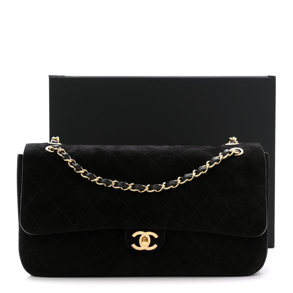 Small Calfskin Suede Flap Shoulder Bag - Black