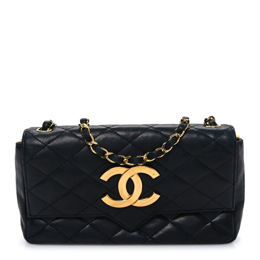 Small Quilted Lambskin Flap Shoulder Bag - Black