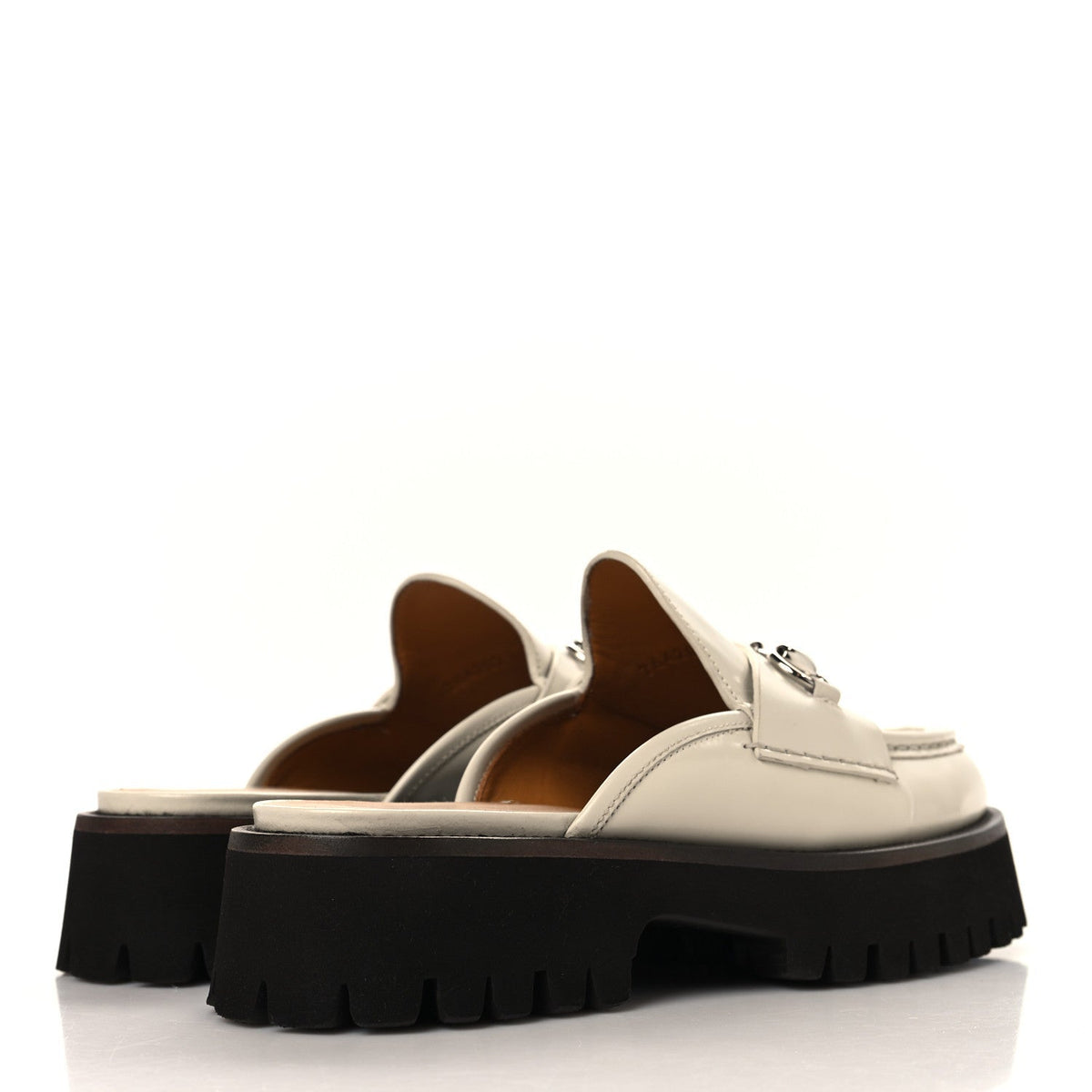 Gucci Smooth Calfskin Women's Cordovan Lux Horsebit Platform Mules 37 Mystic White