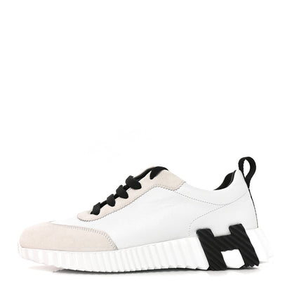 Hermes Calfskin Suede Goatskin Women's Bouncing Sneakers 37.5 White Black
