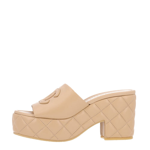 Lambskin Quilted CC Platform Mules Beige