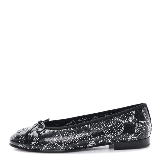 Calfskin Camellia Printed Cap Toe Ballerina Flats Black White