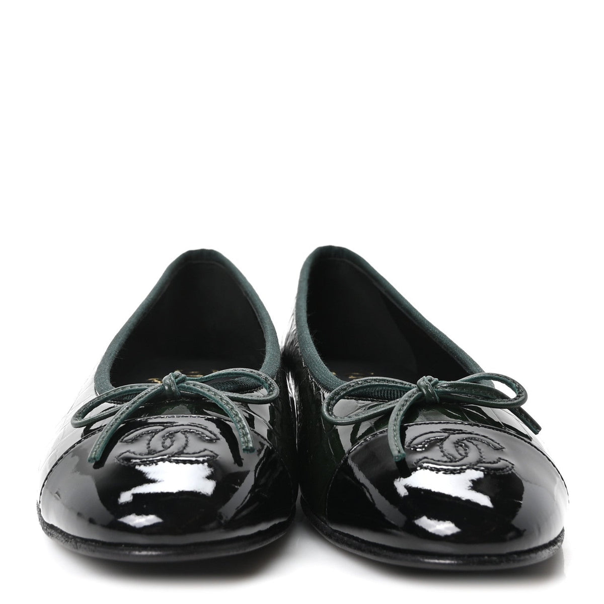 Chanel Crocodile Embossed Patent Calfskin CC Women's Ballerina Flats Dark Green Black