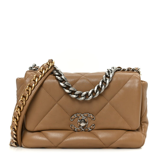 Medium Quilted Lambskin Flap Shoulder Bag - Beige