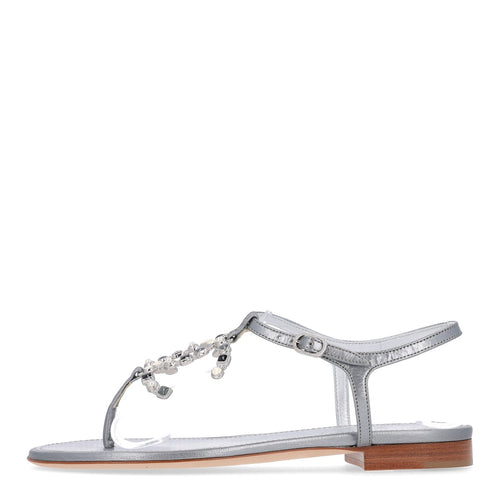 Metallized Lambskin CC Crystal Thong Sandals Silver