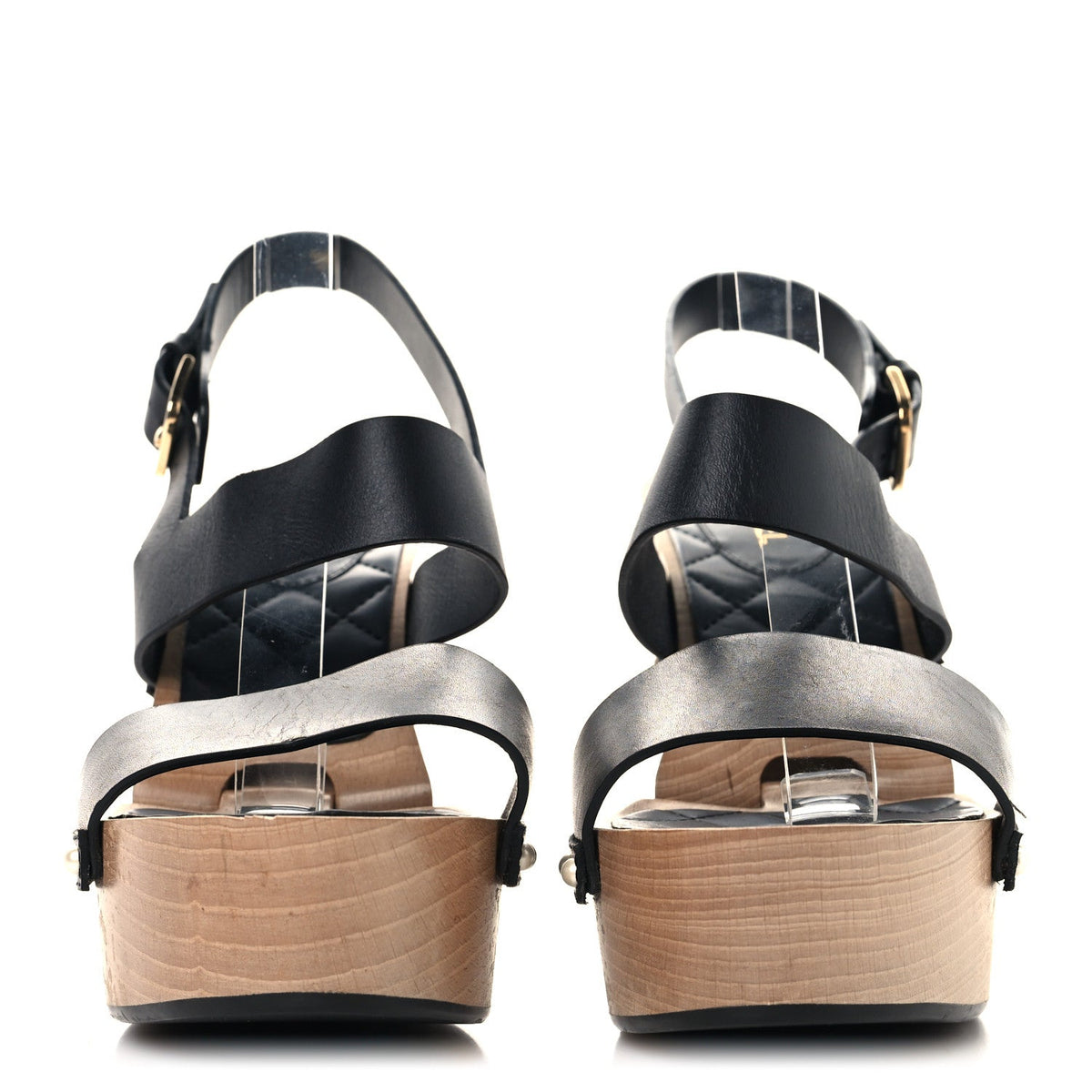 Chanel Wood Calfskin Women's CC Hinge Wedge Sandals 41 Black