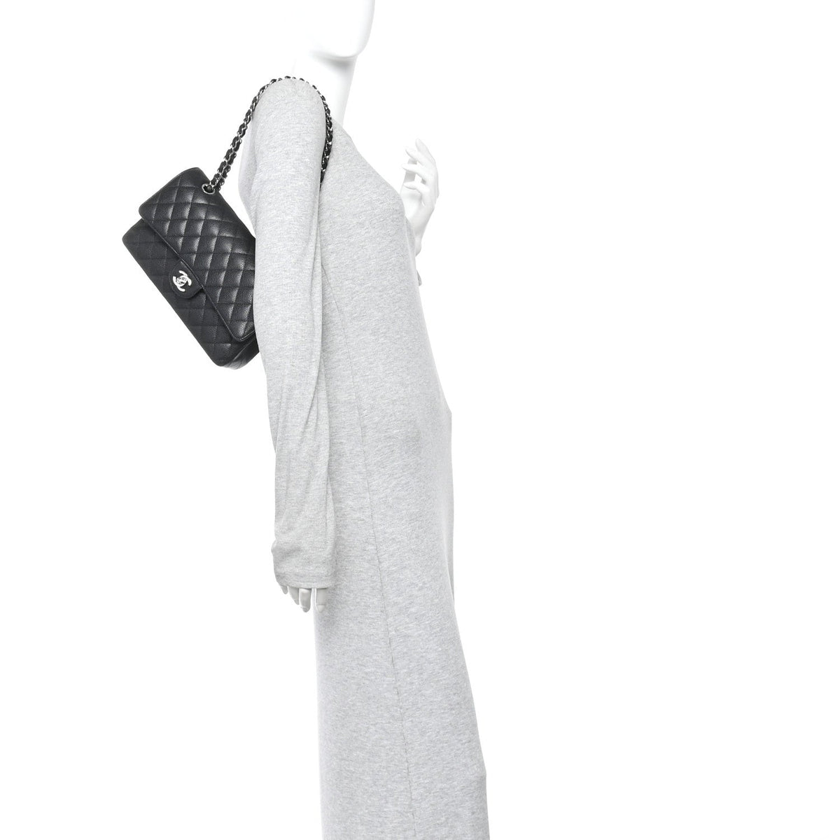 Medium Quilted Caviar Flap Shoulder Bag - Black