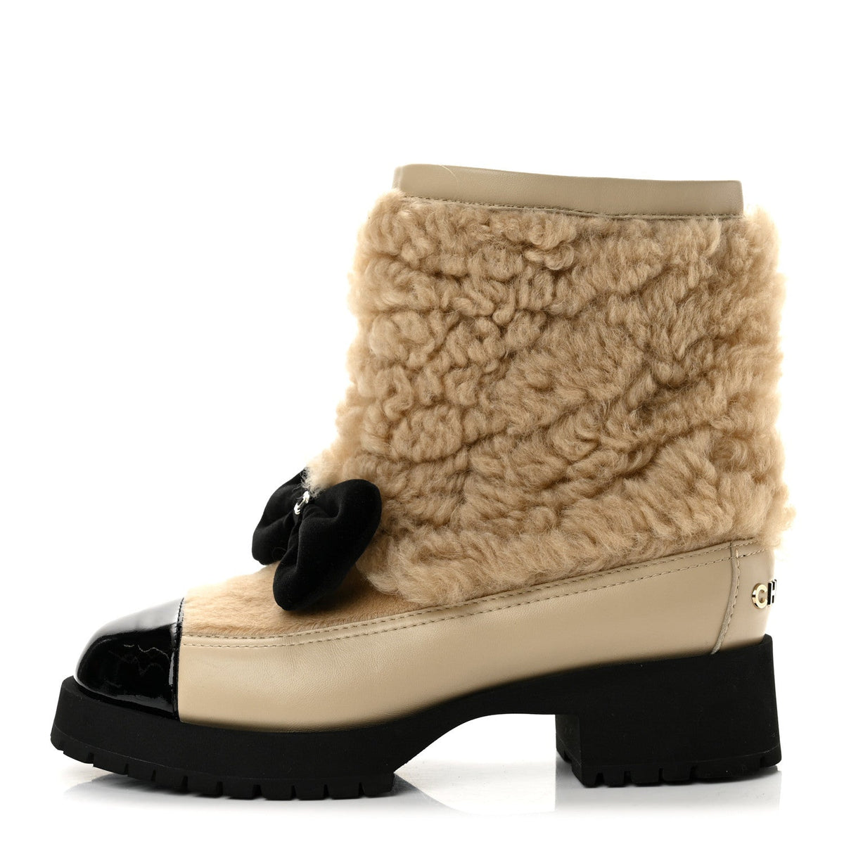 Shearling Lambskin Calfskin Patent Bow Short Boots Beige Black
