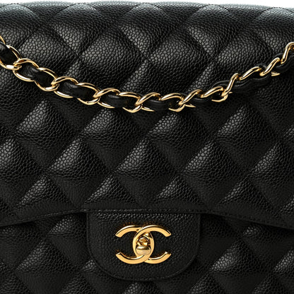 Quilted Caviar Flap Shoulder Bag - Black