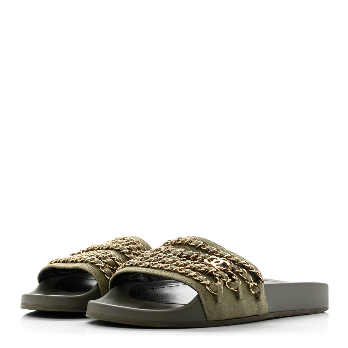 Chanel Canvas Women's Chain Flat Sandals 38 Khaki