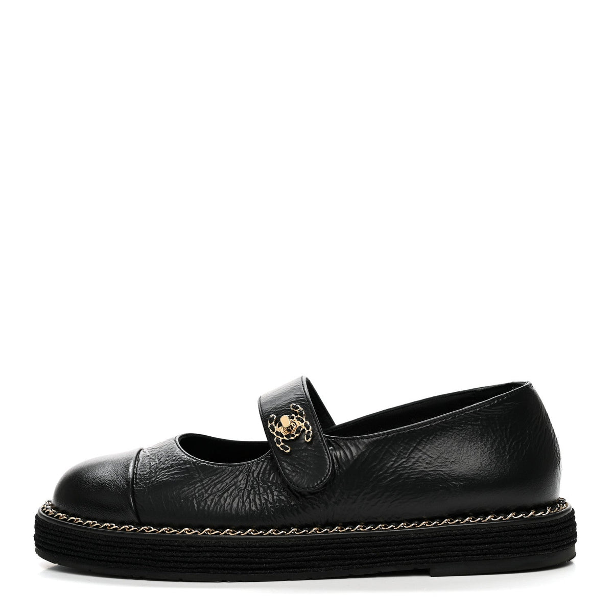 Crumpled Lambskin Cap Toe Chain CC Turnlock Mary Jane Flats Black