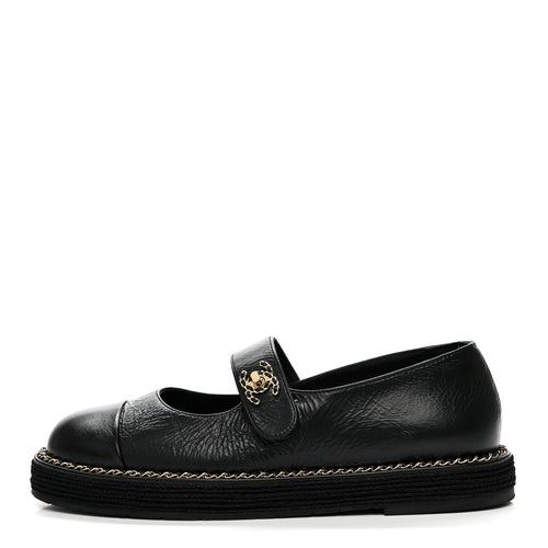 Crumpled Lambskin Cap Toe Chain CC Turnlock Mary Jane Flats Black
