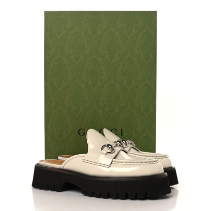 Gucci Smooth Calfskin Women's Cordovan Lux Horsebit Platform Mules 37 Mystic White