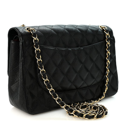 Quilted Caviar Flap Shoulder Bag - Black