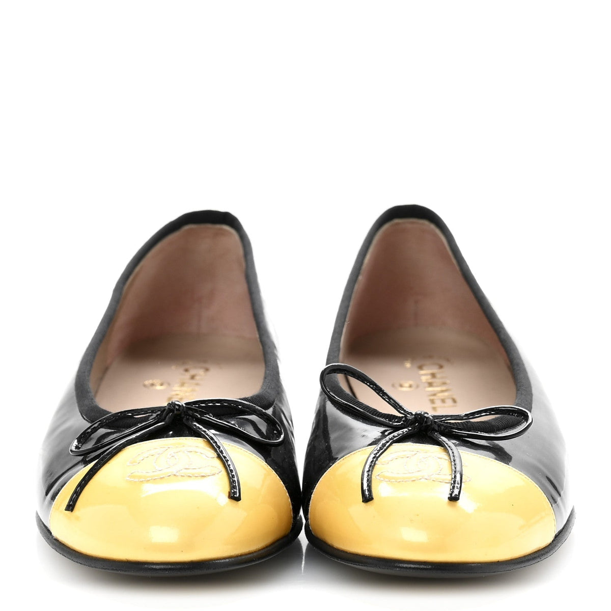 Chanel Patent Leather Women's CC Cap Toe Ballerina Flats 40 Black Beige