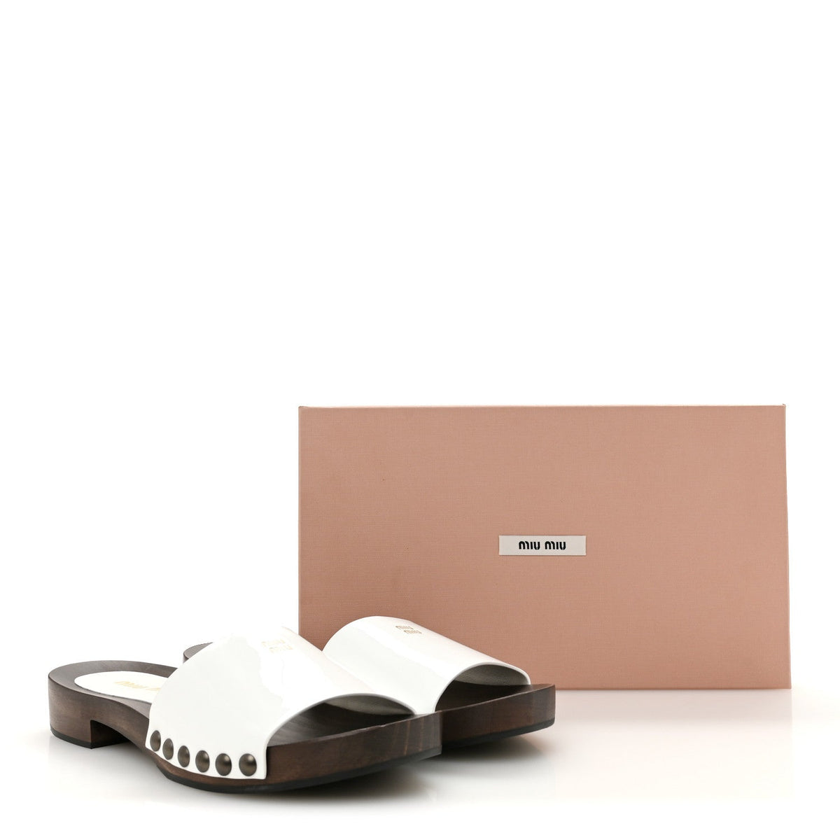 Miu Miu Patent Leather Women's Vernice Logo Slide Clogs 36 White