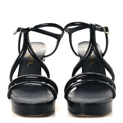 Chanel Patent Crumpled Calfskin Women's Parthenon Platform Sandals 39.5 Black