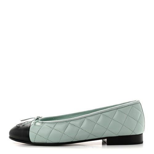 Lambskin Quilted CC Cap Toe Ballerina Flats Light Blue Black