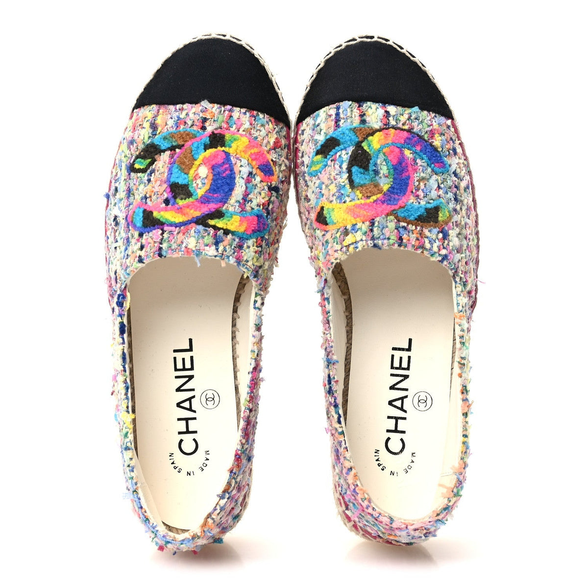 Chanel Cotton Tweed Grosgrain Women's CC Espadrilles 36 Multicolor Black