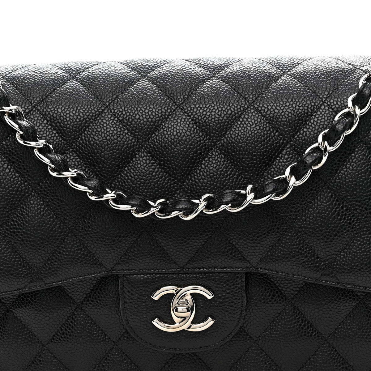 Quilted Caviar Flap Shoulder Bag - Black