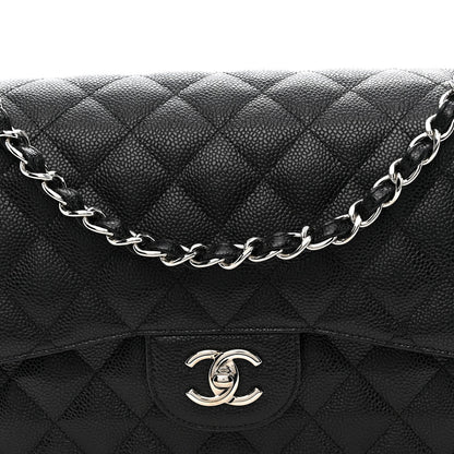 Quilted Caviar Flap Shoulder Bag - Black