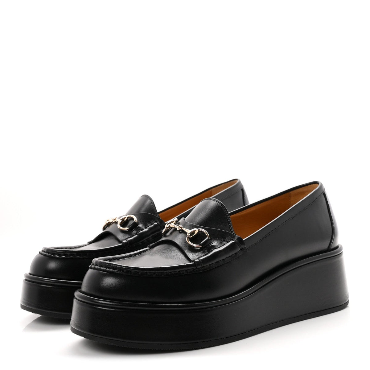 Gucci Calfskin Women's Kama Horsebit Wedge Platform Loafers 38.5 Black