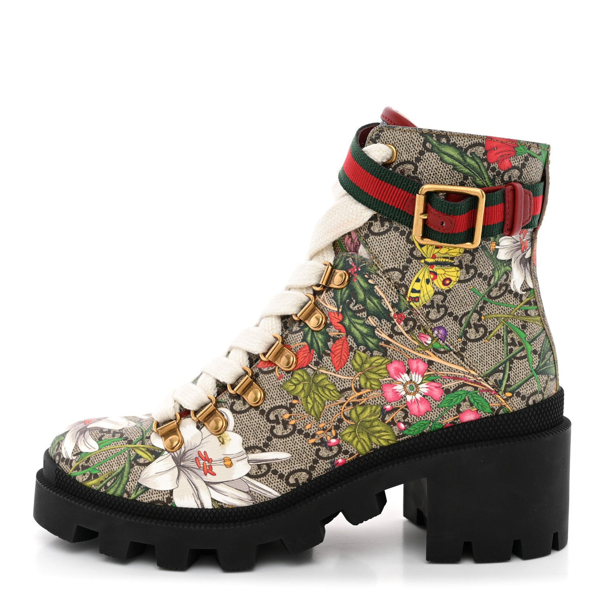 GG Supreme Monogram Flora Lace Up Combat Ankle Boots Beige Multicolor 