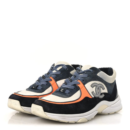 Chanel Nylon Calfskin Suede Women's CC Sneakers 35.5 Navy White Orange Black
