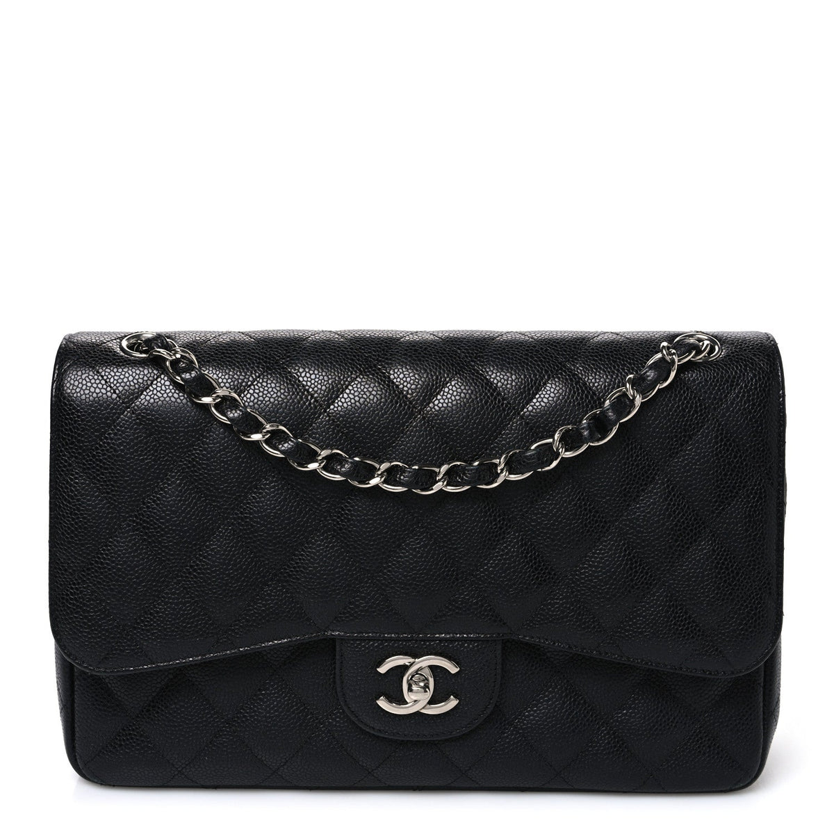 Quilted Caviar Flap Shoulder Bag - Black