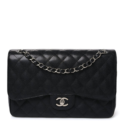 Quilted Caviar Flap Shoulder Bag - Black