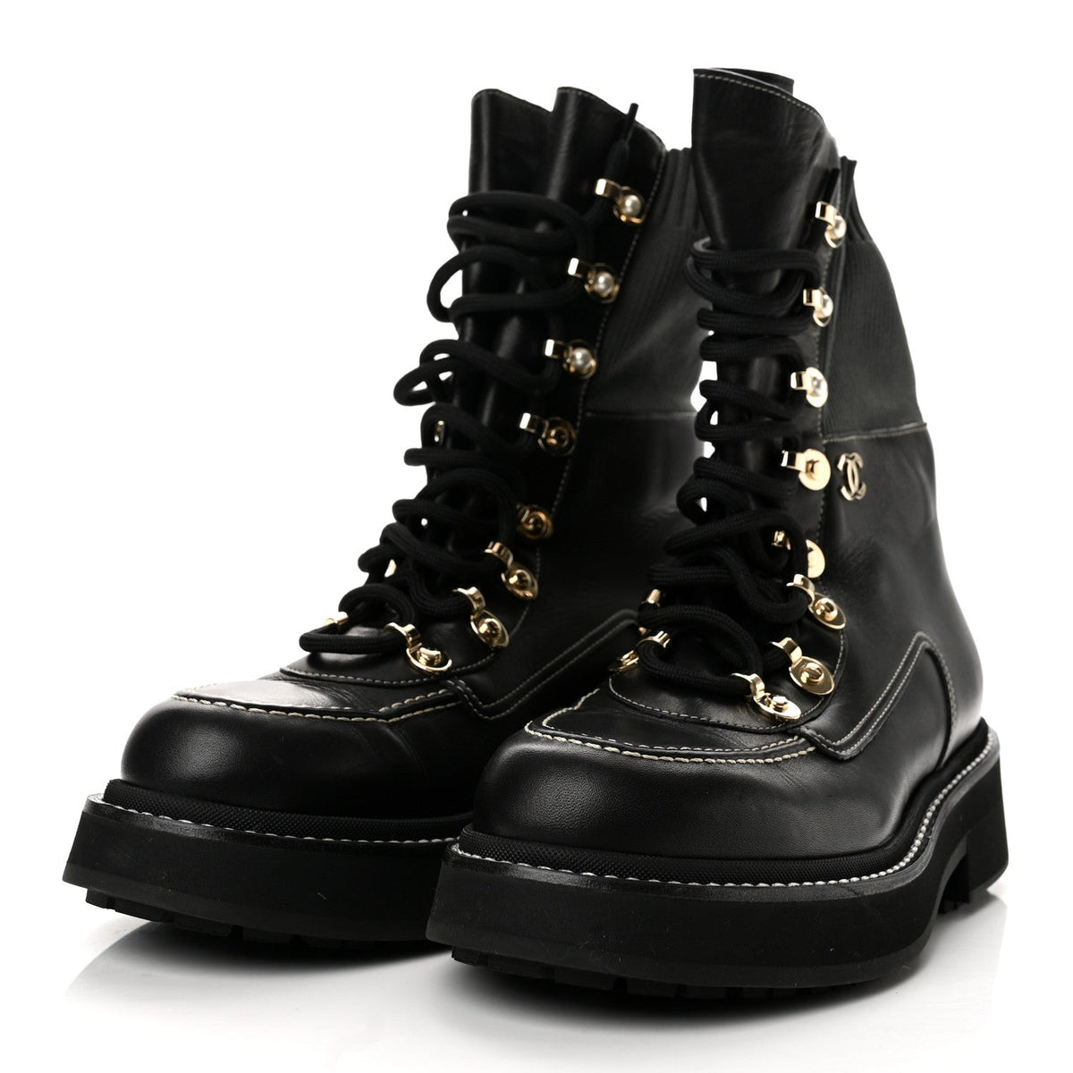 Chanel Calfskin Knit Lace Up Women's Combat Boots