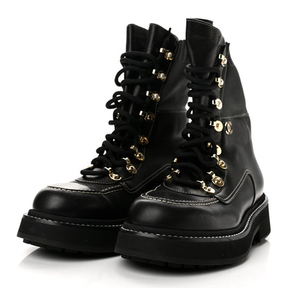 Chanel Calfskin Knit Lace Up Women's Combat Boots