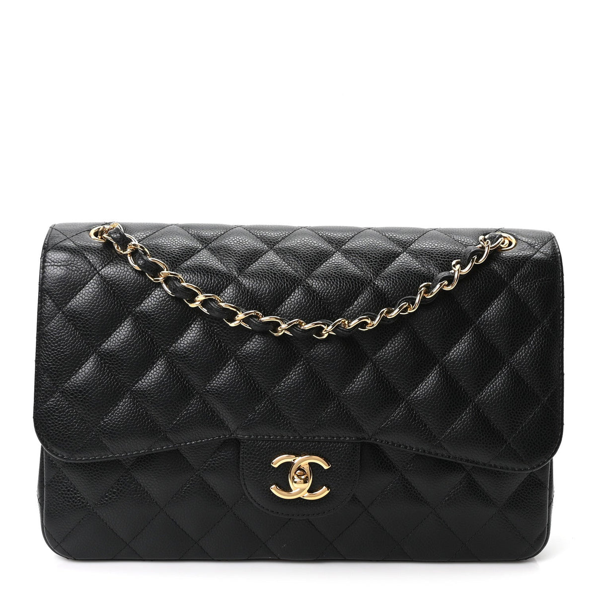 Quilted Caviar Flap Shoulder Bag - Black