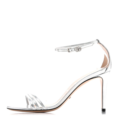 Nappa Silk Crystal GG Ankle Strap High Heel Sandals Argento